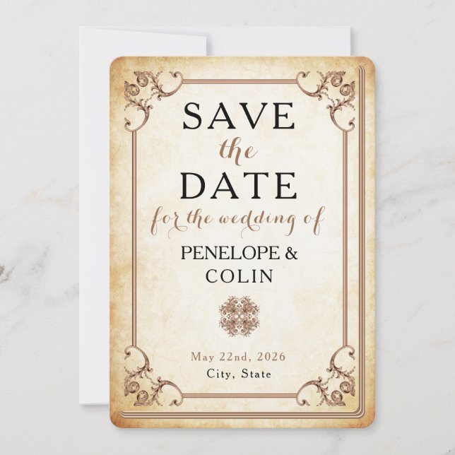 Antique Library Book Decorative Scrollwork Save The Date (Front)