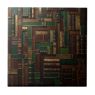 Antique Library Bookshelf Green Gold Ceramic Tile