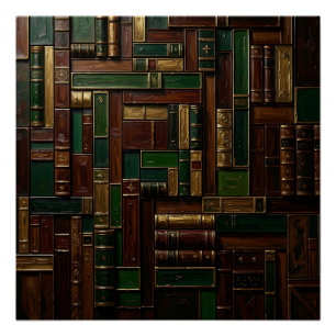 Antique Library Bookshelf Green Gold  Poster