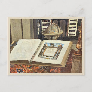 Antique Library Interior Painting Book and Globe Postcard