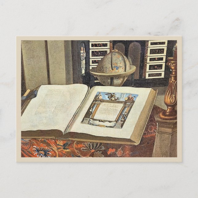 Antique Library Interior Painting Book and Globe Postcard (Front)