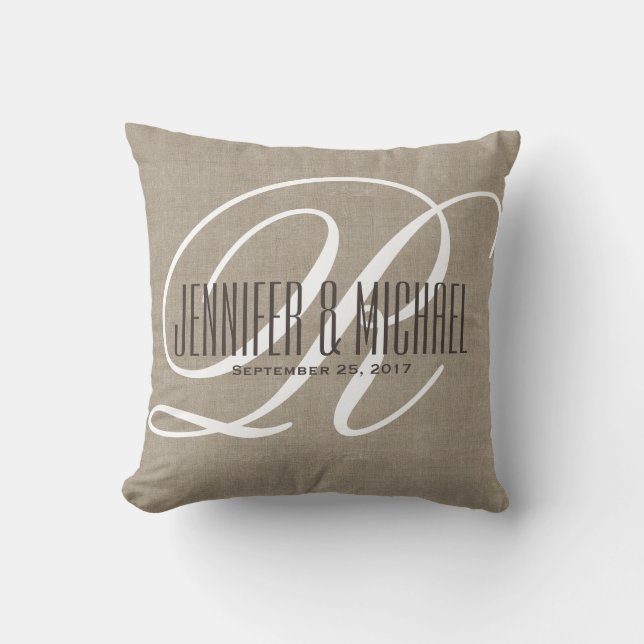 Antique Linen Look with White Monogram Cushion (Front)