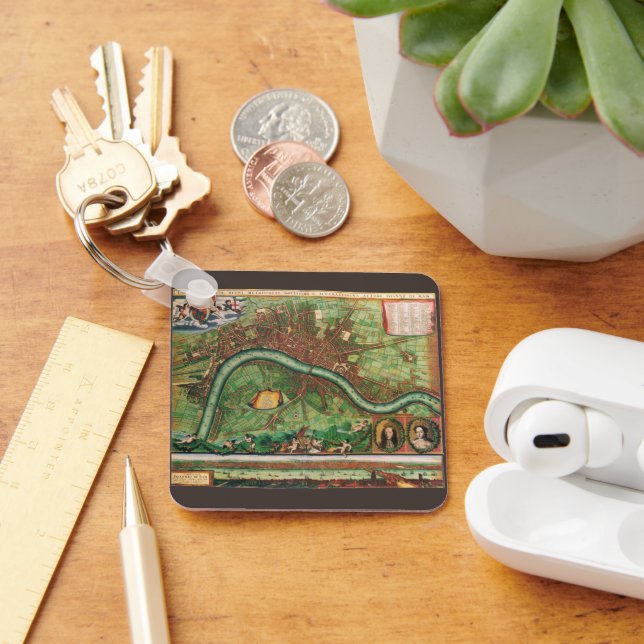 Antique London Street Map by Johannes de Ram, 1689 Key Ring (Desk)