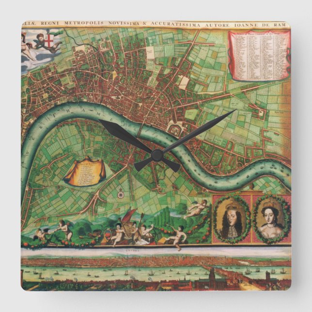 Antique London Street Map by Johannes de Ram, 1689 Square Wall Clock (Front)
