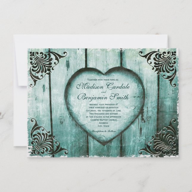 Antique Look Aqua Heart on Wood Wedding Invitation (Front)