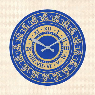 Antique Look Deep Blue and Gold Mediaeval Numbers Large Clock