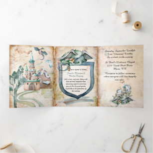 Antique Look Fairytale Dragon Wedding Tri-Fold Invitation