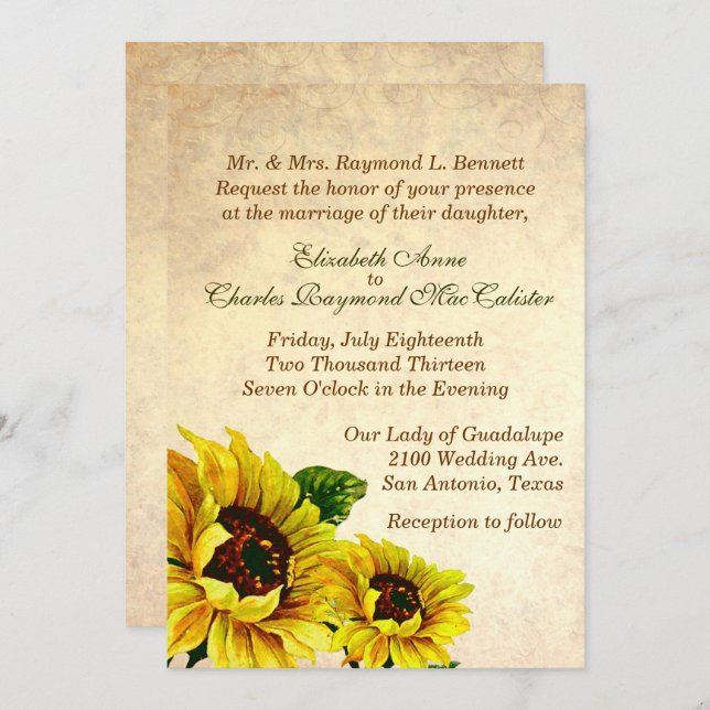 Antique Look Sunflowers Wedding Invitation (Front/Back)