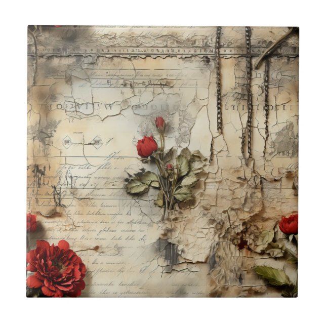 Antique Love Letter Calligraphy Floral Ceramic Tile (Front)