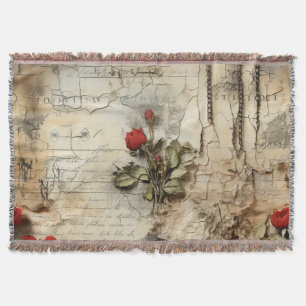 Antique Love Letter Calligraphy Floral Throw Blanket