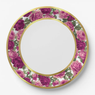 Antique Magenta & Pink Victorian Garden Roses Gold Paper Plate