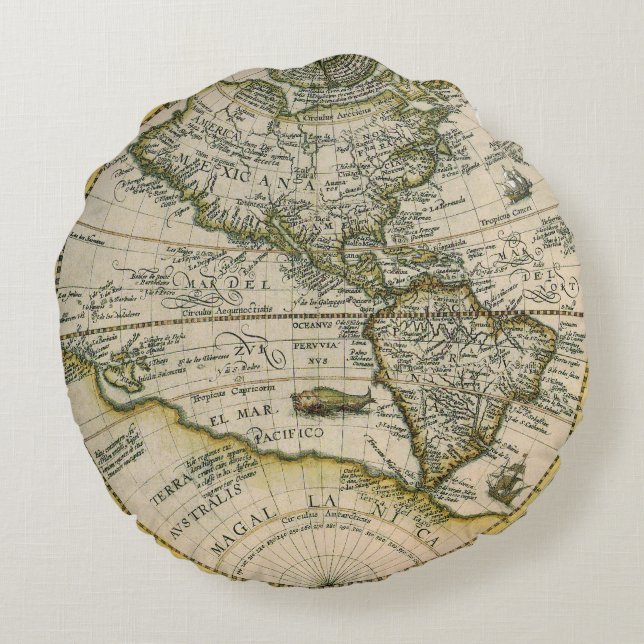 Antique Map, 1596, America Sive Novus Orbis Round Cushion (Back)