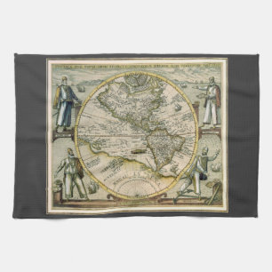 Antique Map, 1596, America Sive Novus Orbis Tea Towel