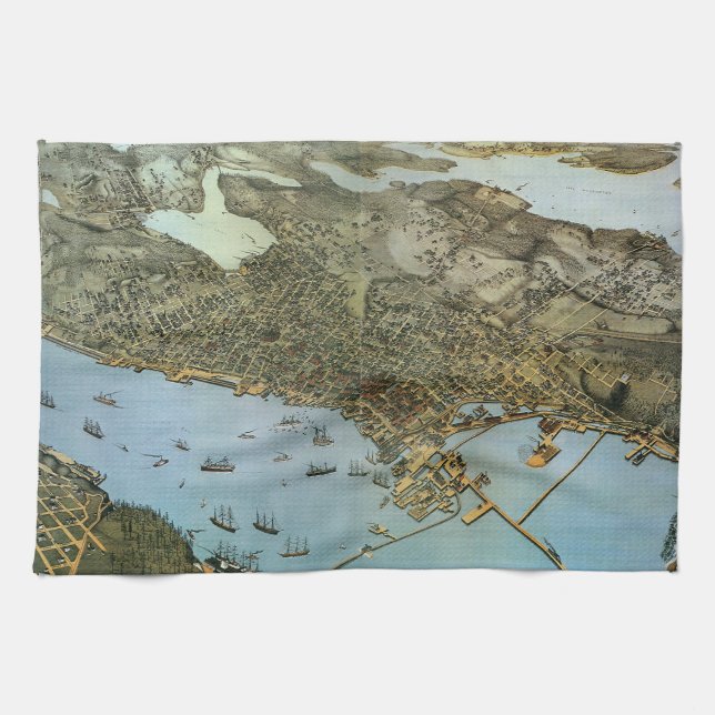 Antique Map Aerial View City of Seattle Washington Tea Towel (Horizontal)
