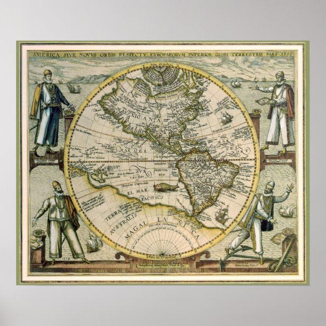 Antique Map, America Sive Novus Orbis, 1596 Poster (Front)