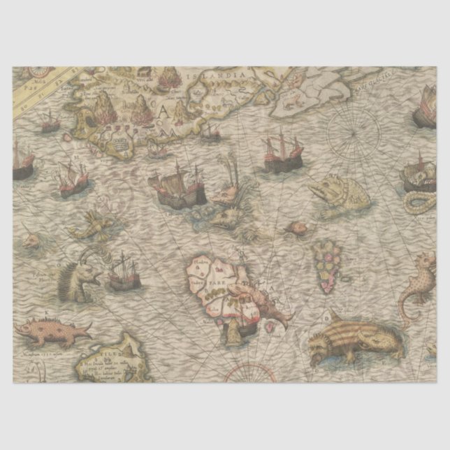 Antique Map and Sea Creatures Decoupage Tissue Paper (Front)