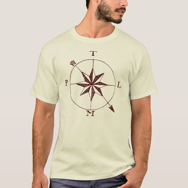Antique Map Lover's T-Shirt with Compass Ornament (Front)