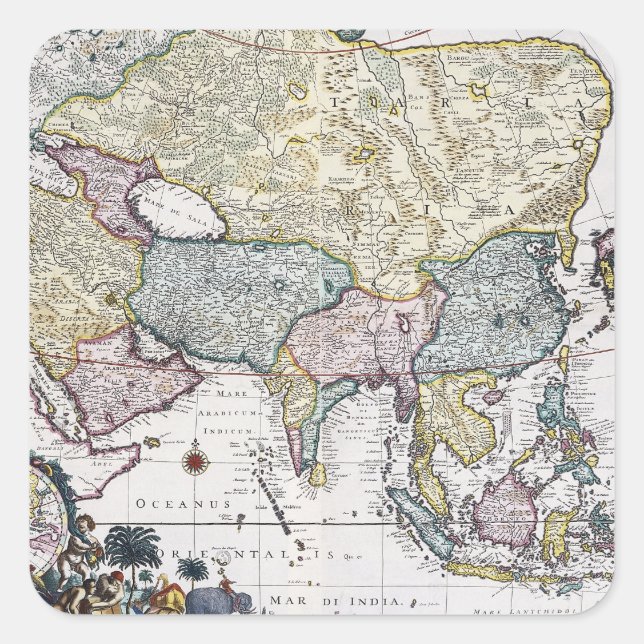Antique Map of Asia | 1696 Square Sticker (Front)