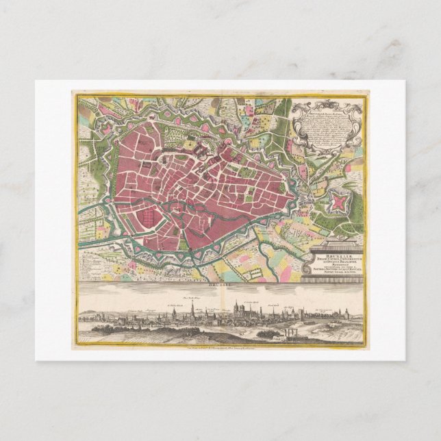 Antique Map of Brussels, Belgium, Postcard (Front)
