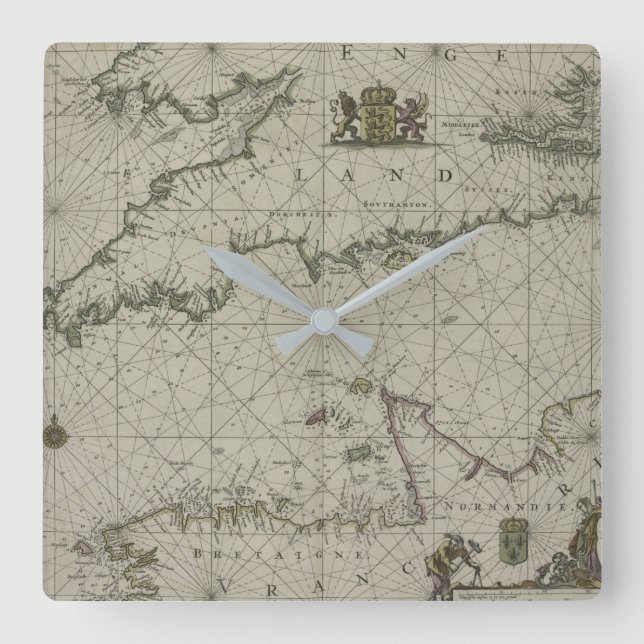 Antique Map of Channel, 1666 (color engraving) Square Wall Clock (Front)