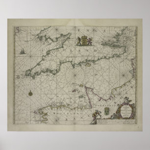 Antique Map of Channel, 1666 (colour engraving) Poster