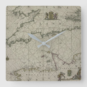 Antique Map of Channel, 1666 (colour engraving) Square Wall Clock