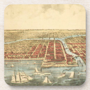Antique Map of Chicago, LaSalle Street and River Coaster