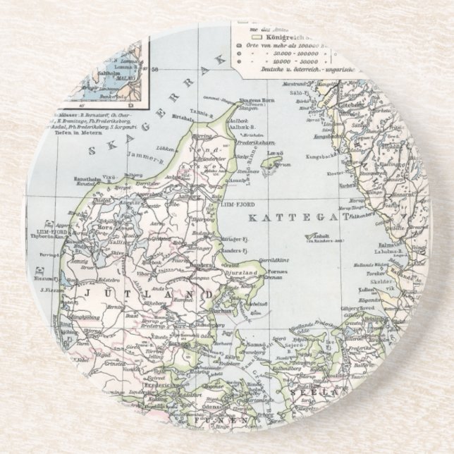 Antique Map of Denmark, Danmark in Danish, 1905 Coaster (Front)