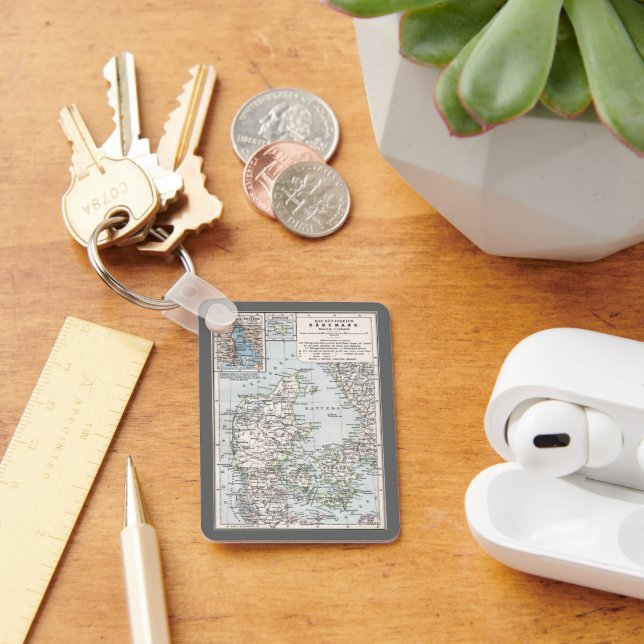Antique Map of Denmark, Danmark in Danish, 1905 Key Ring (Desk)