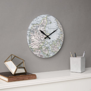 Antique Map of Denmark, Danmark in Danish, 1905 Large Clock