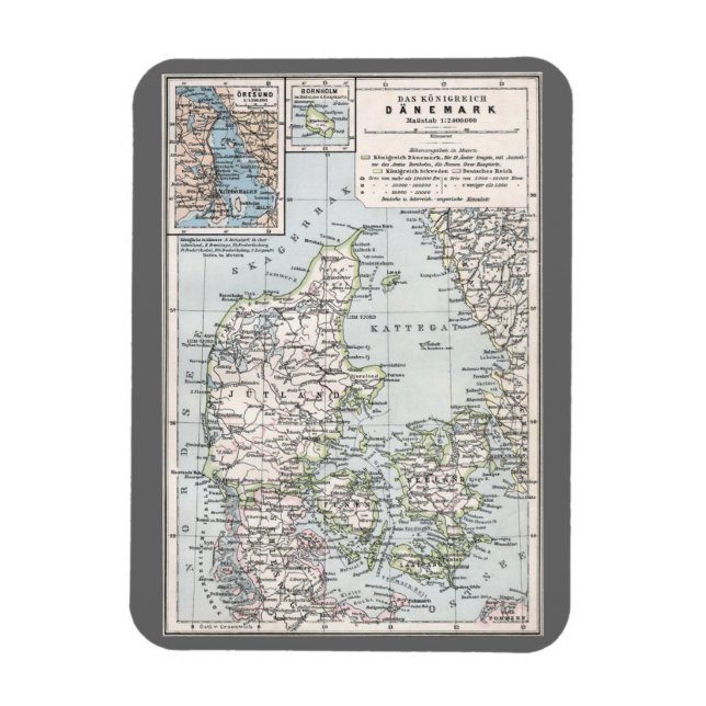 Antique Map of Denmark, Danmark in Danish, 1905 Magnet (Vertical)