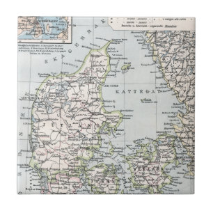 Antique Map of Denmark, Danmark in Danish, 1905 Tile