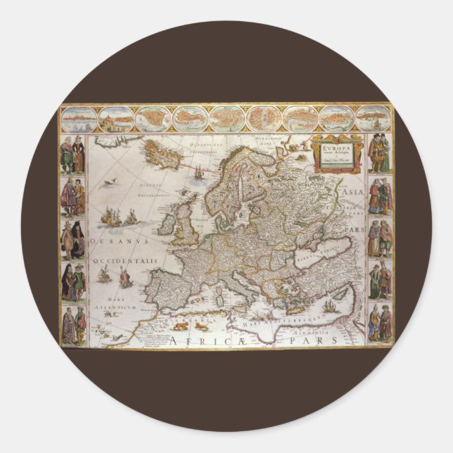 Antique Map of Europe by Willem Jansz Blaeu, c1617 Classic Round Sticker (Front)