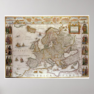 Antique Map of Europe by Willem Jansz Blaeu, c1617 Poster