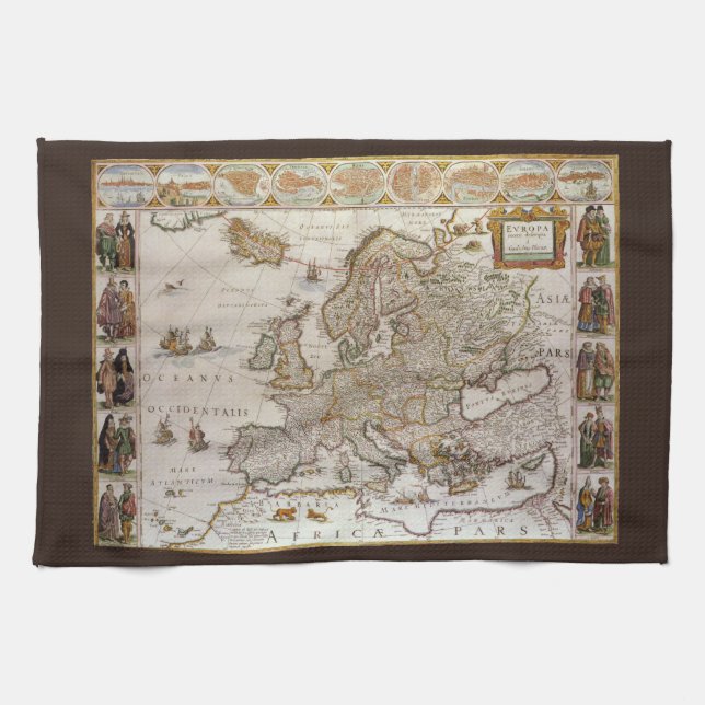 Antique Map of Europe by Willem Jansz Blaeu, c1617 Tea Towel (Horizontal)