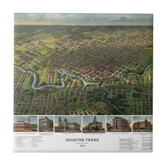 Antique Map of Houston, Texas with Buffalo River Ceramic Tile (Front)