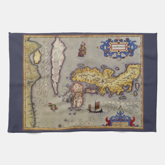 Antique Map of Japan by Mercator and Hondius Tea Towel (Horizontal)