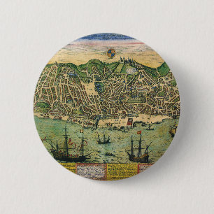 Antique Map of Lisbon, Portugal by Braun/Hogenberg 6 Cm Round Badge