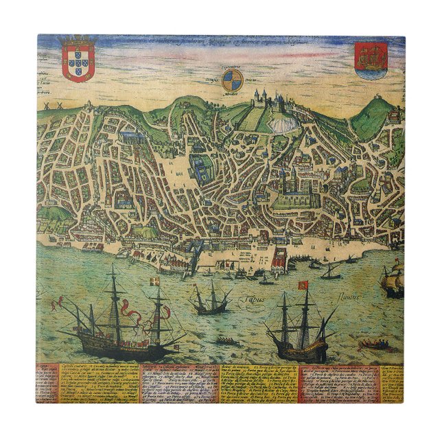 Antique Map of Lisbon, Portugal by Braun/Hogenberg Ceramic Tile (Front)