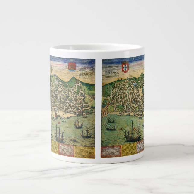 Antique Map of Lisbon, Portugal by Braun/Hogenberg Large Coffee Mug (Front)
