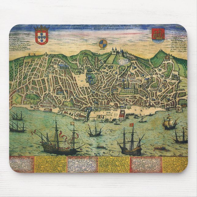 Antique Map of Lisbon, Portugal by Braun/Hogenberg Mouse Pad (Front)
