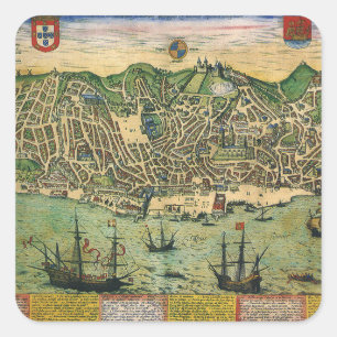 Antique Map of Lisbon, Portugal by Braun/Hogenberg Square Sticker
