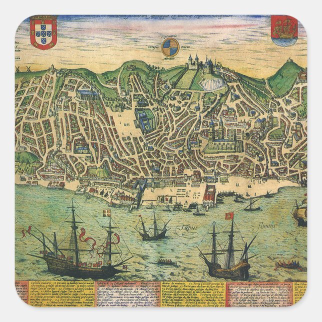 Antique Map of Lisbon, Portugal by Braun/Hogenberg Square Sticker (Front)