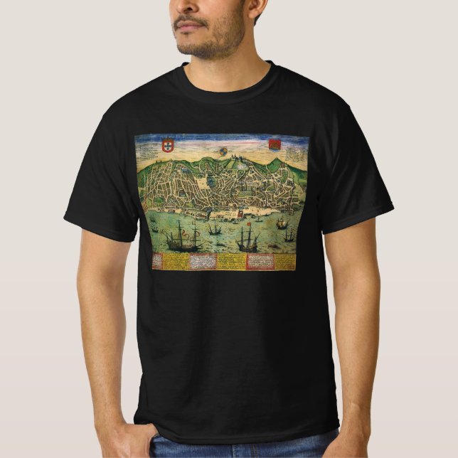 Antique Map of Lisbon, Portugal by Braun/Hogenberg T-Shirt (Front)