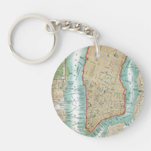 Antique Map of Lower Manhattan and Central Park Key Ring