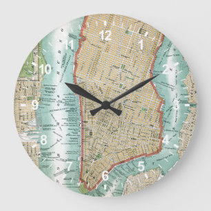 Antique Map of Lower Manhattan and Central Park Large Clock