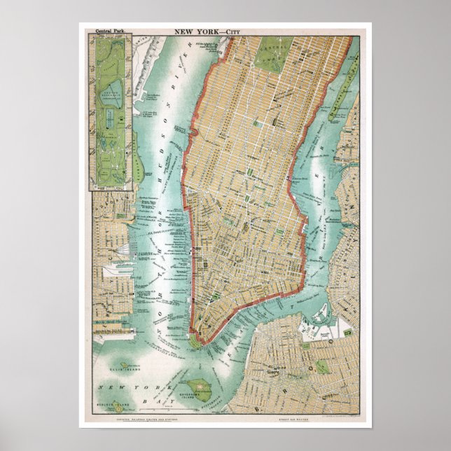 Antique Map of Lower Manhattan and Central Park Poster (Front)