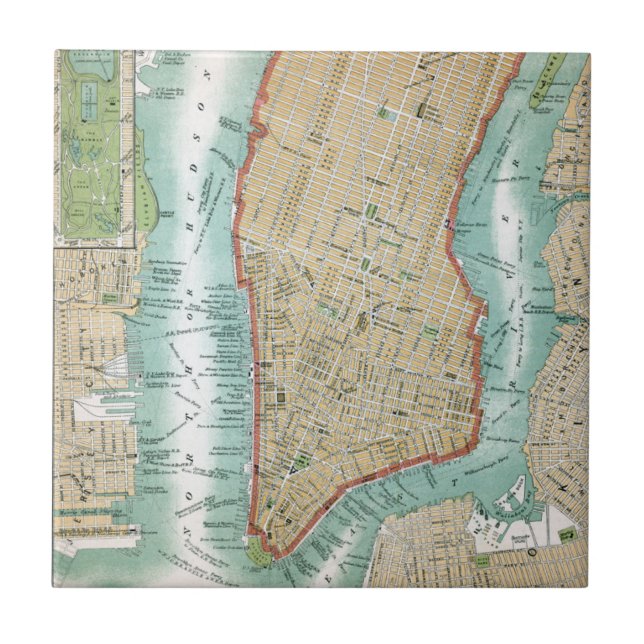 Antique Map of Lower Manhattan and Central Park Tile (Front)