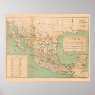 Antique Map of Mexico Etats Unis du Mexique Poster