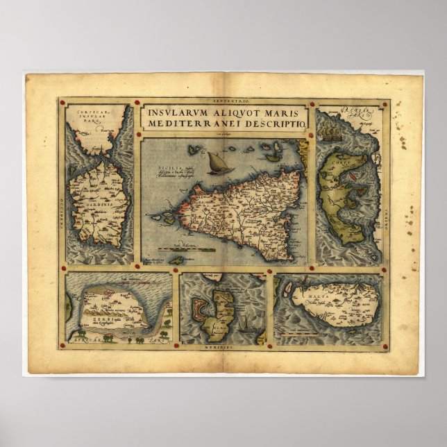 Antique Map of Sicily ORTELIUS ATLAS 1570 A.D. Poster (Front)